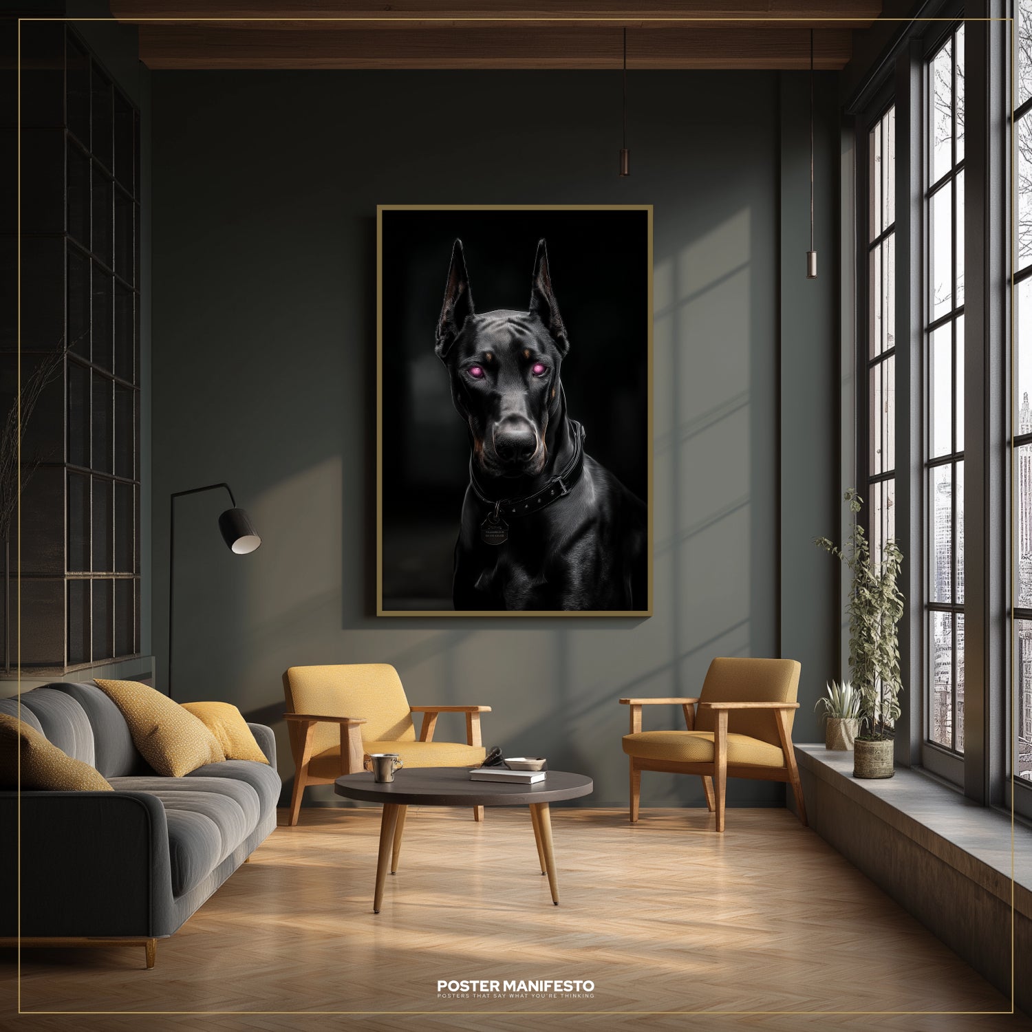 Modern living room with a large framed portrait of a black dog on the wall.