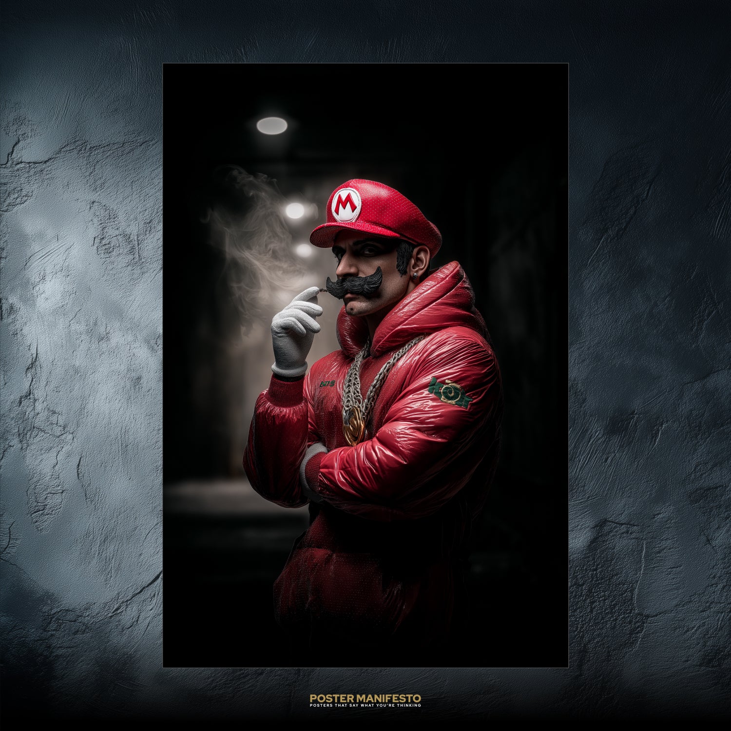 Poster artwork of Mario reimagined as a gangster in red puffer jacket with chain necklace and smoke-filled alley background.
