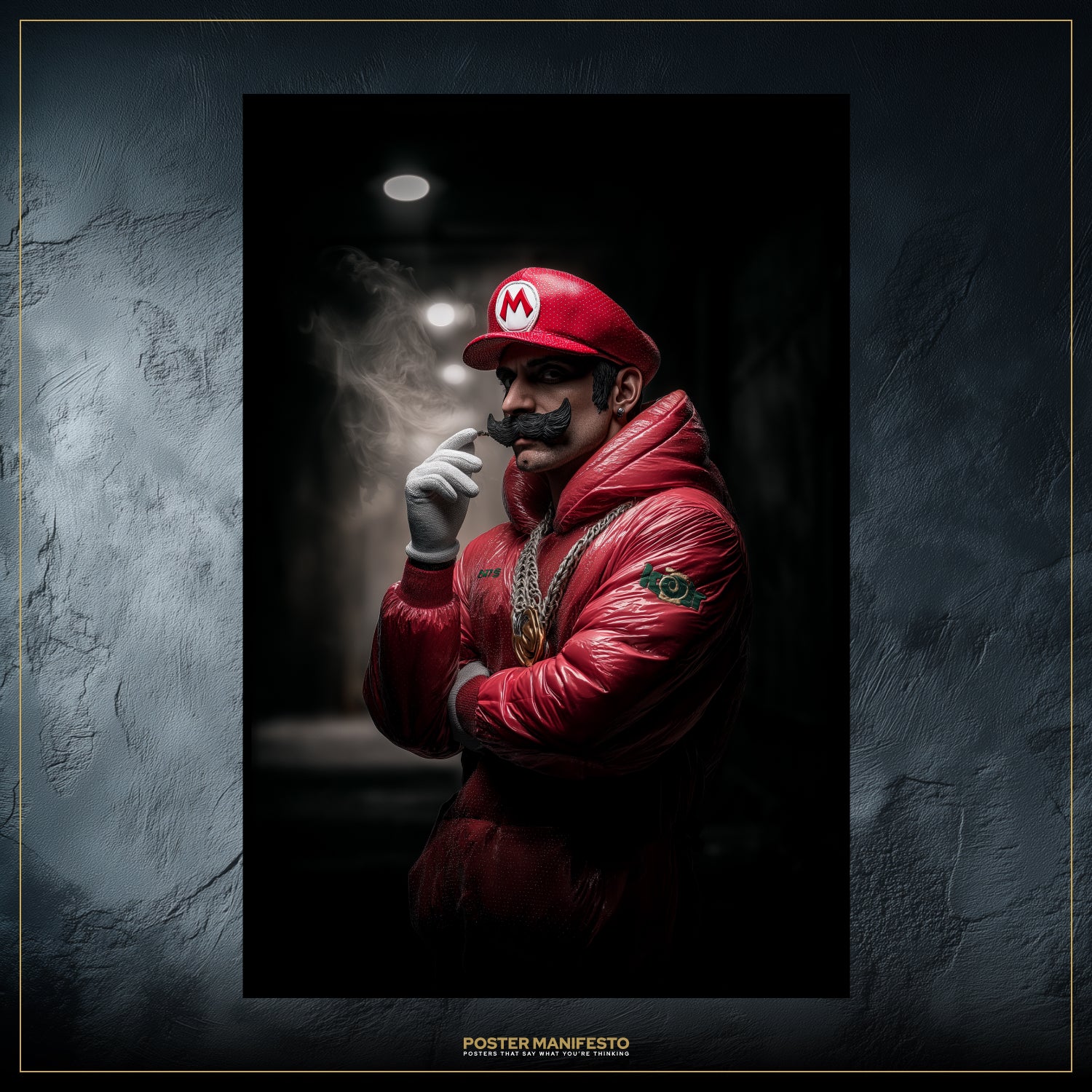 Person wearing a red cap and jacket with a mustache, standing in a dark room.