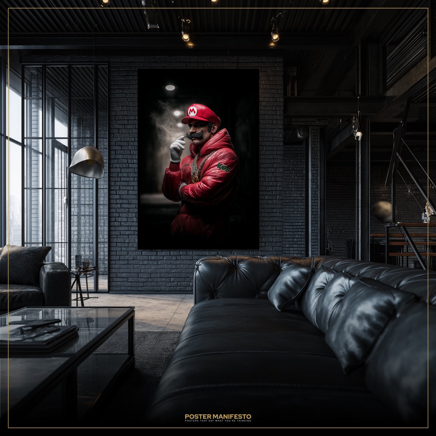 Living room with a large framed poster of a person in a red jacket and helmet on a brick wall.