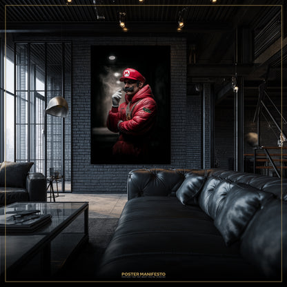 Living room with a large framed poster of a person in a red jacket and helmet on a brick wall.