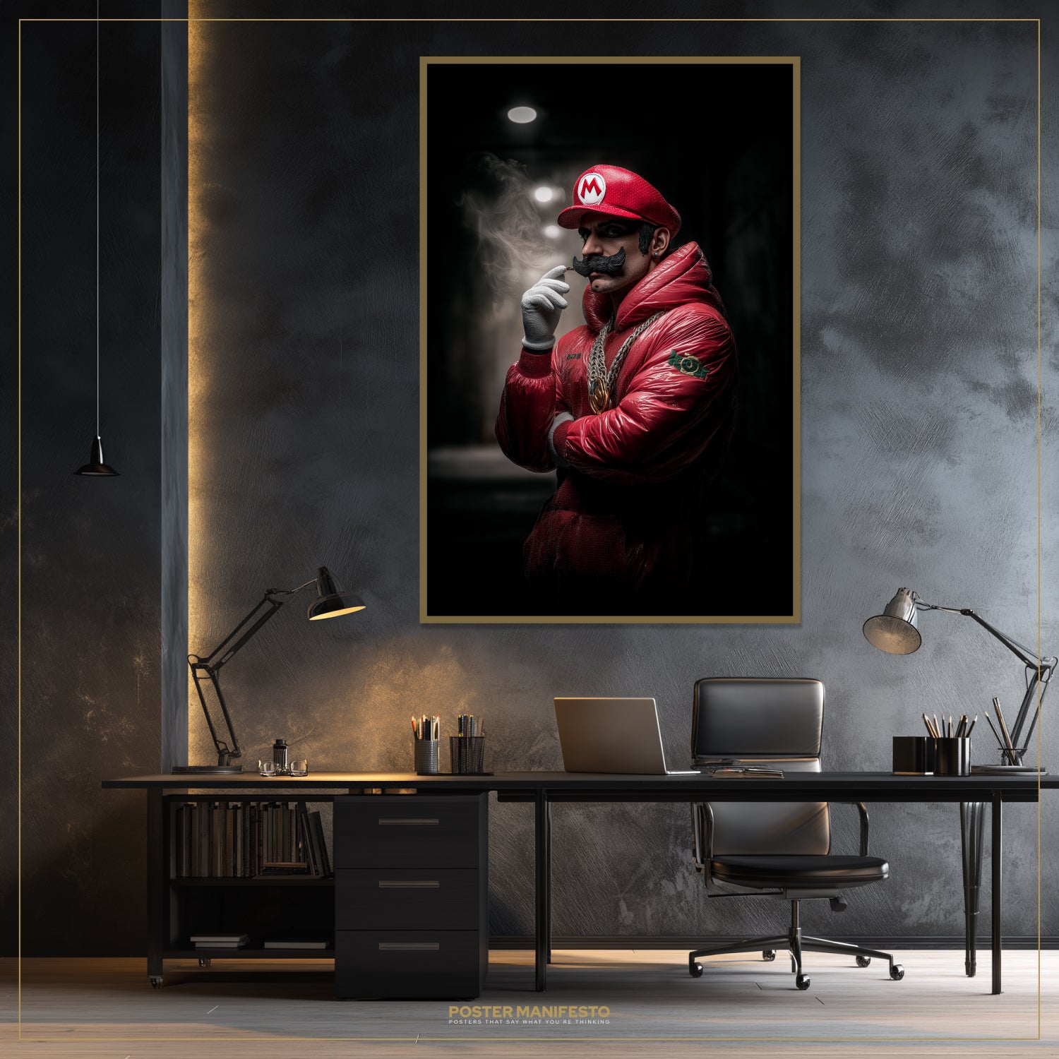 Modern office setup with a framed poster of a character in a red outfit and hat on a dark wall.