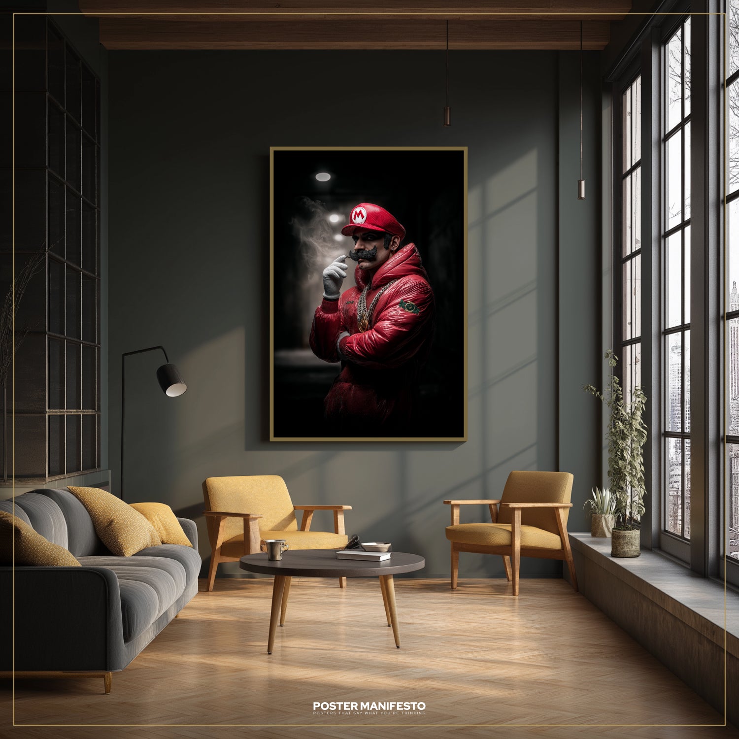 Modern living room with a large framed poster of a person in a red outfit on the wall.
