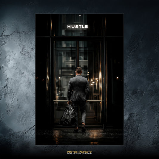 Motivational poster showing a businessman in a tailored suit walking toward a glass door with the glowing word Hustle above.