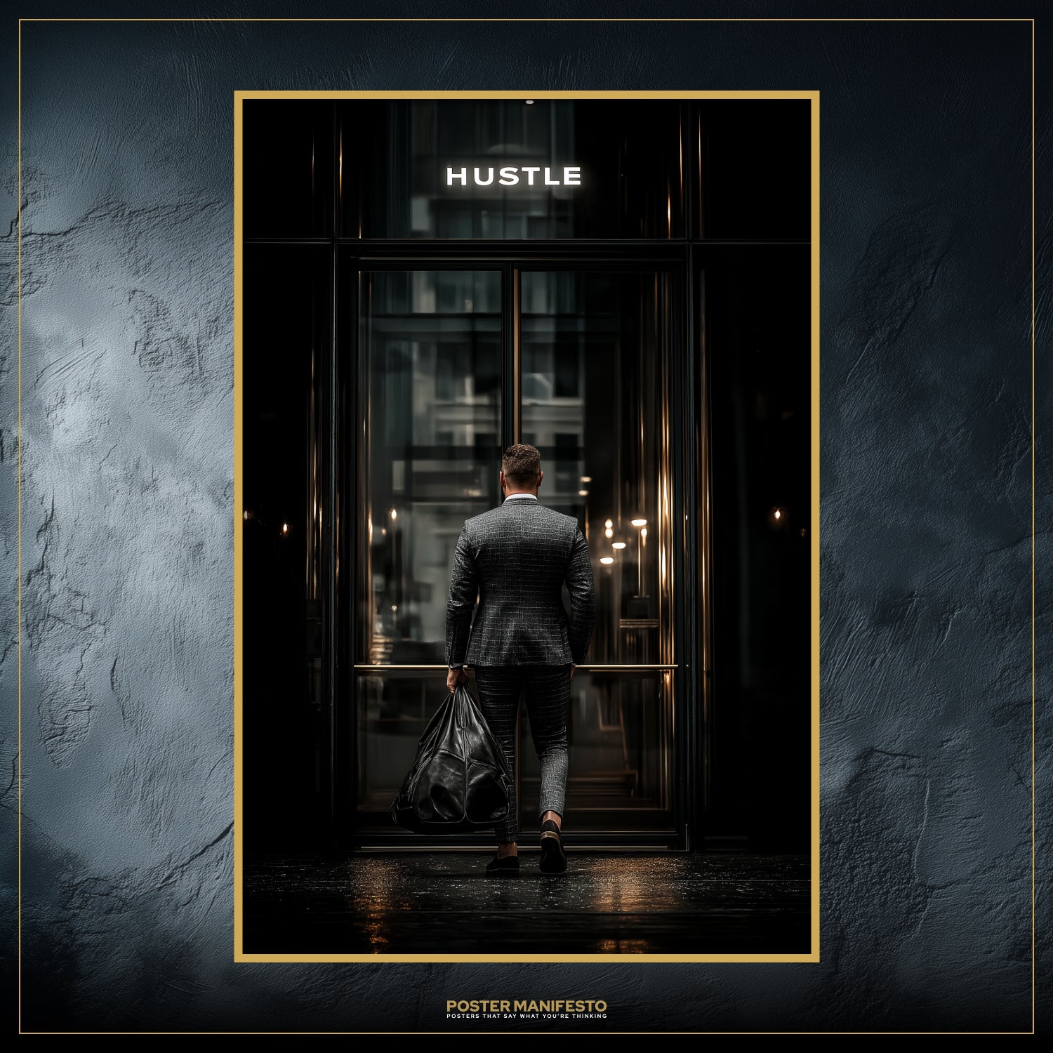 Business-themed motivational print symbolizing discipline and ambition with Hustle glowing above a modern entrance.
