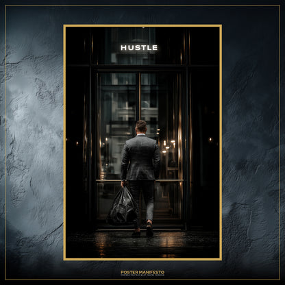 Business-themed motivational print symbolizing discipline and ambition with Hustle glowing above a modern entrance.