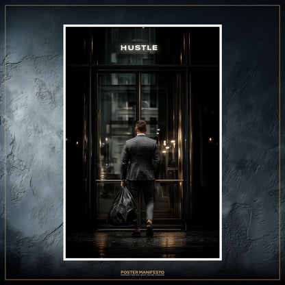 Entrepreneur decor poster showcasing ambition and success with cinematic lighting and bold Hustle word art.