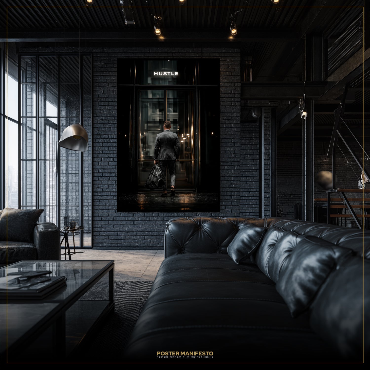 Modern interior with black leather sofa, glass coffee table, and wall art in a stylish room.