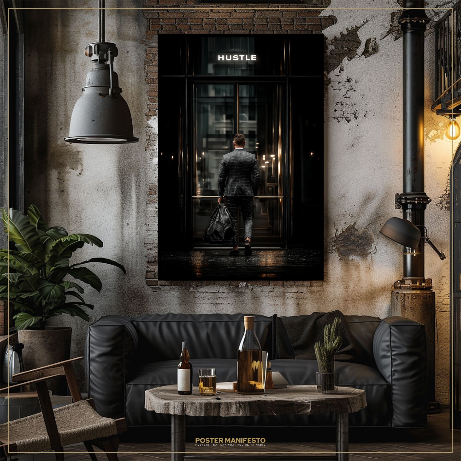 Modern interior with a black sofa, wooden coffee table, and wall art featuring a person labeled 'HUSTLE'.