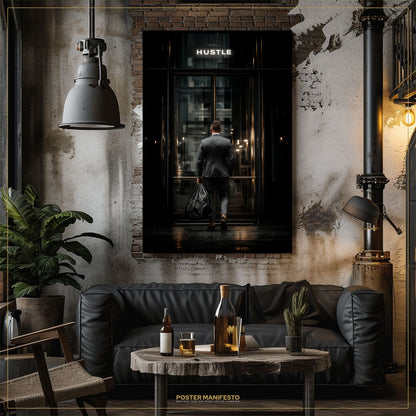 Modern interior with a black sofa, wooden coffee table, and wall art featuring a person labeled 'HUSTLE'.