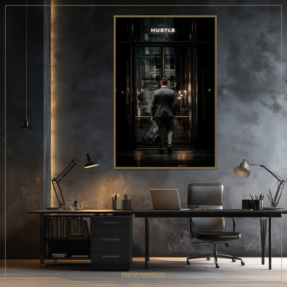 Modern office setup with a framed poster on the wall, featuring a man walking into a building.
