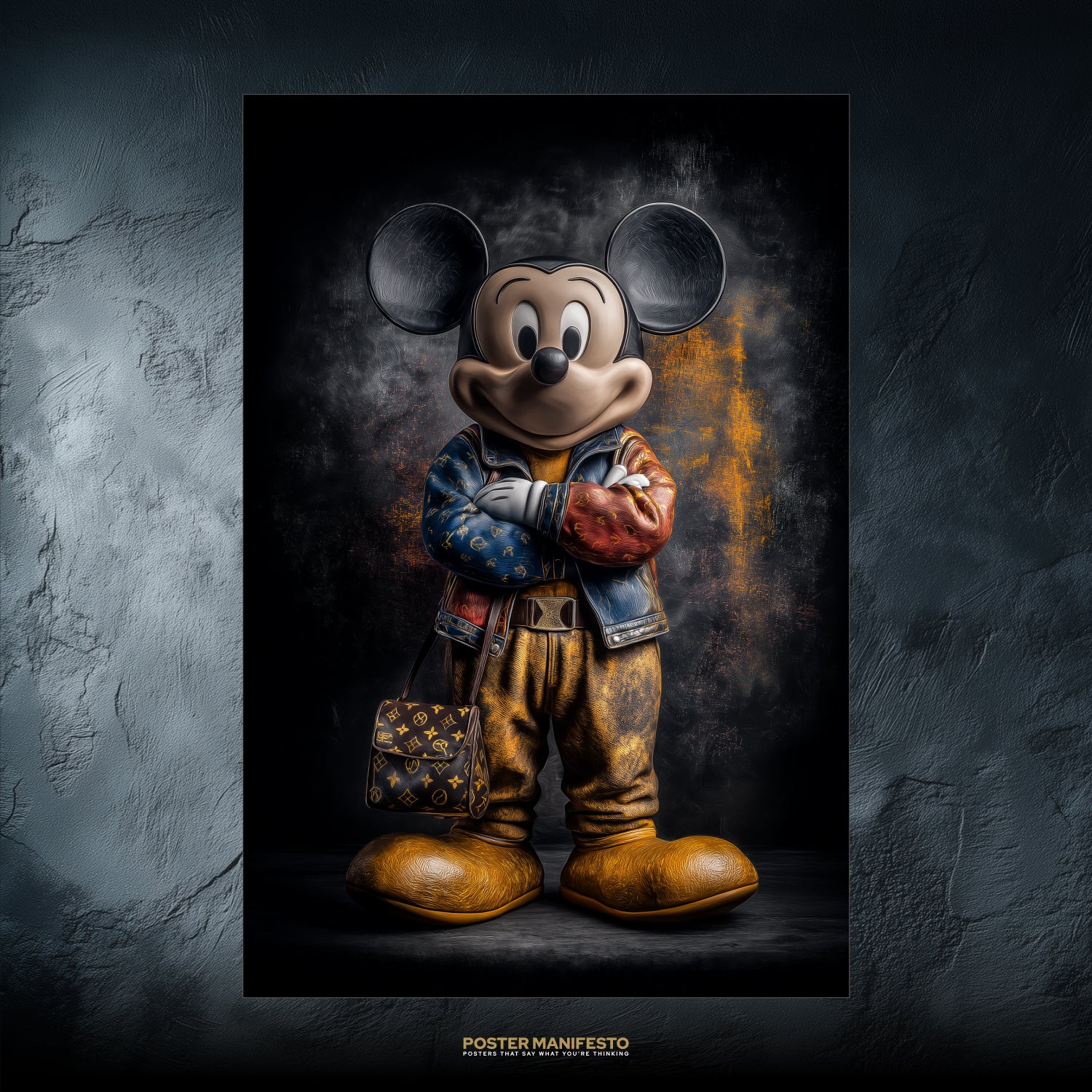 Poster artwork of Mickey reimagined in streetwear style with luxury jacket and bag on dark textured background.