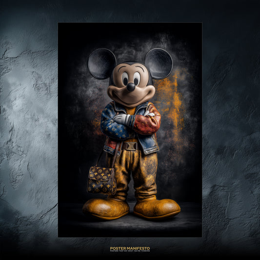 Poster artwork of Mickey reimagined in streetwear style with luxury jacket and bag on dark textured background.
