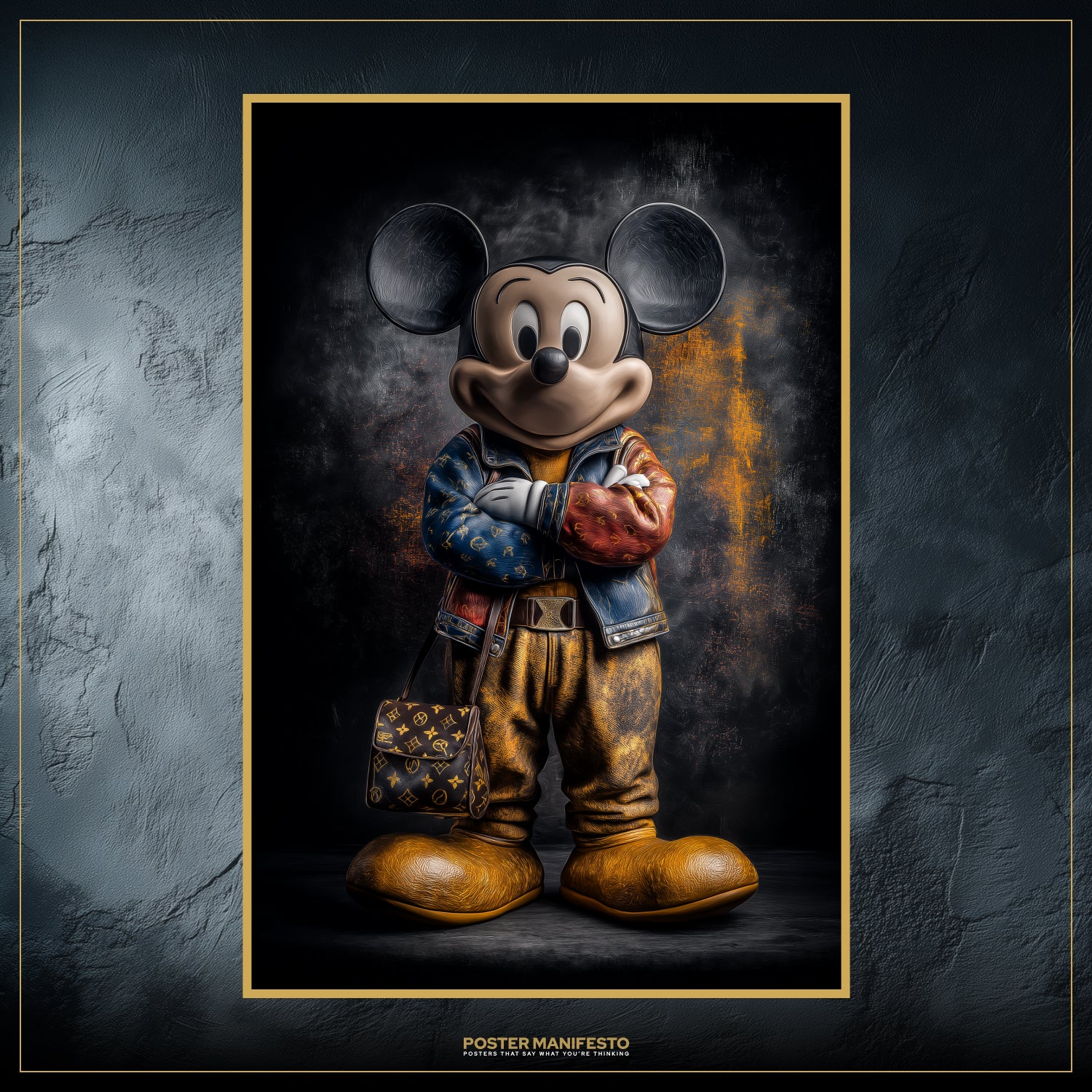 Dark artistic poster of iconic character in high-end streetwear style with gritty modern backdrop.