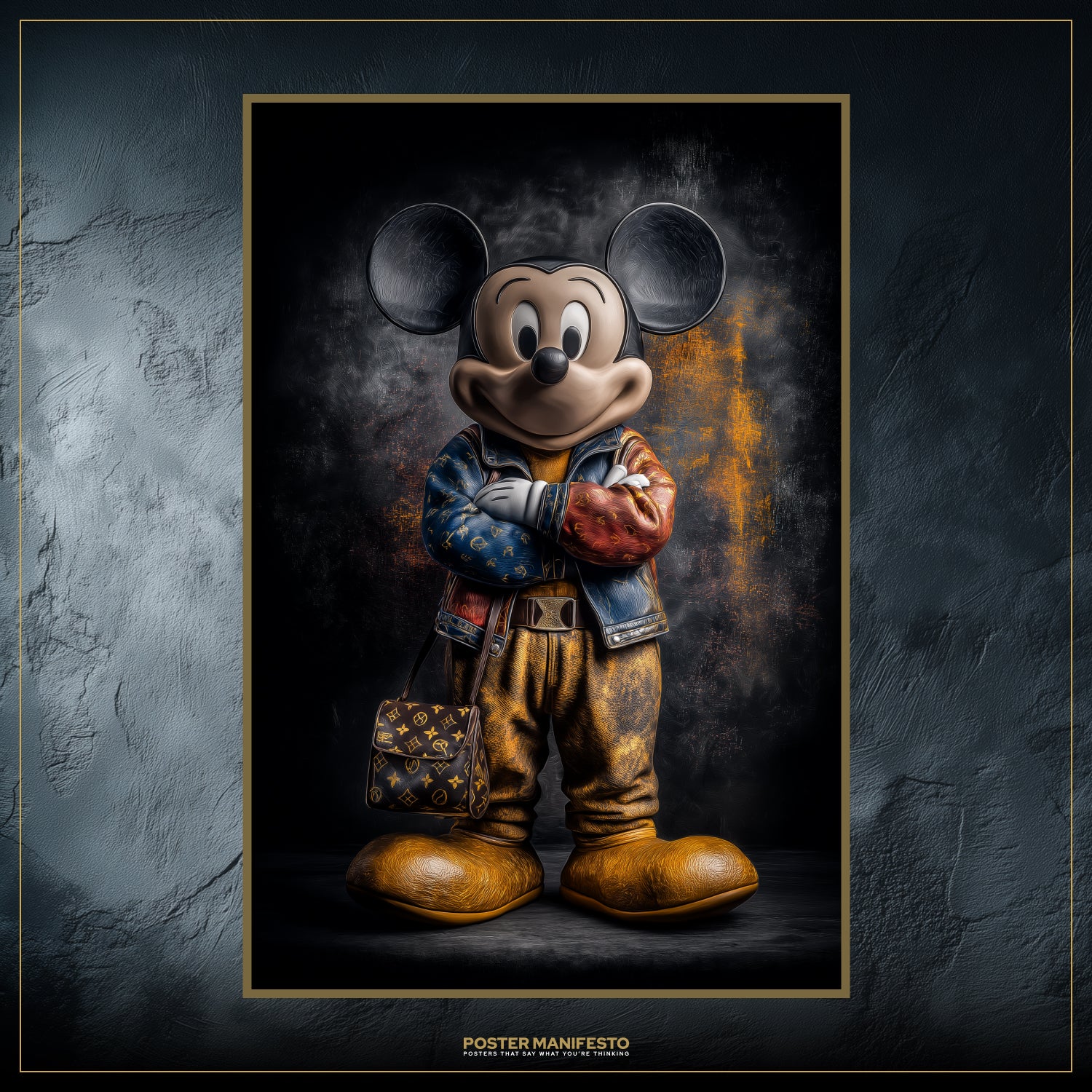 Pop culture and streetwear fusion poster of Mickey in urban luxury style for modern décor.