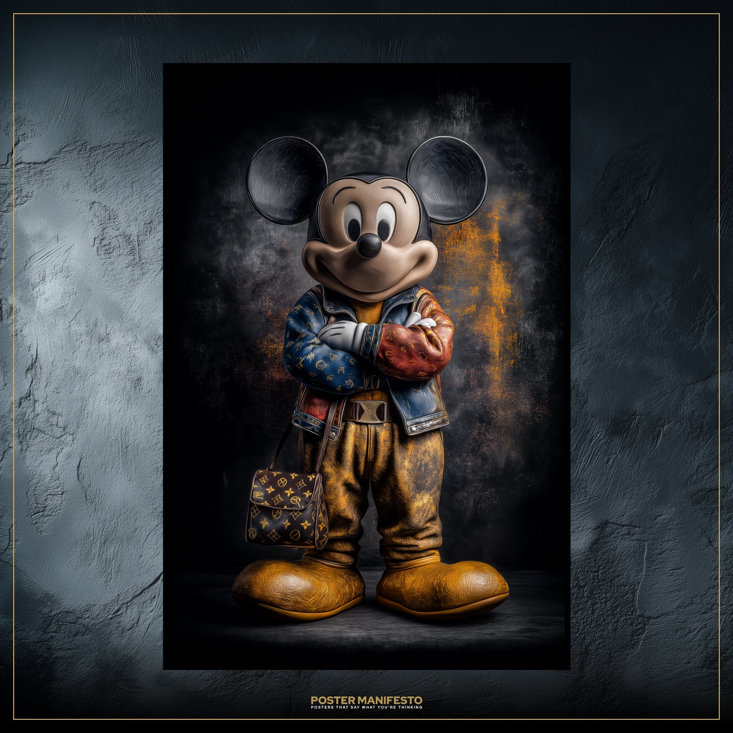 Vintage-style Mickey Mouse holding a bag against a dark background with 'Poster Manifesto' branding.