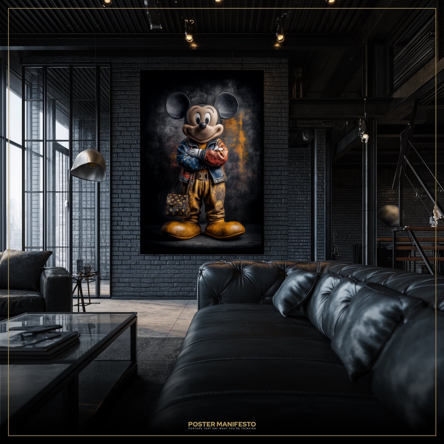 Living room with a large black leather sofa and a framed artwork of a character on the wall.