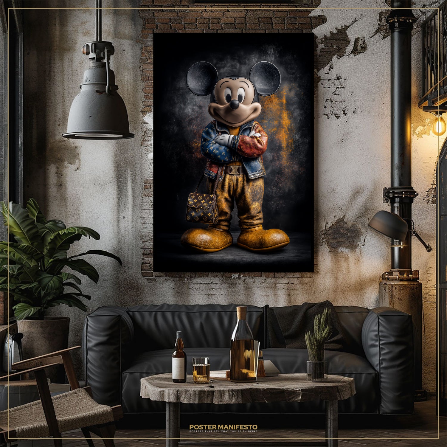 Living room with a large framed poster of a character on the wall, a black sofa, and a small table with drinks.