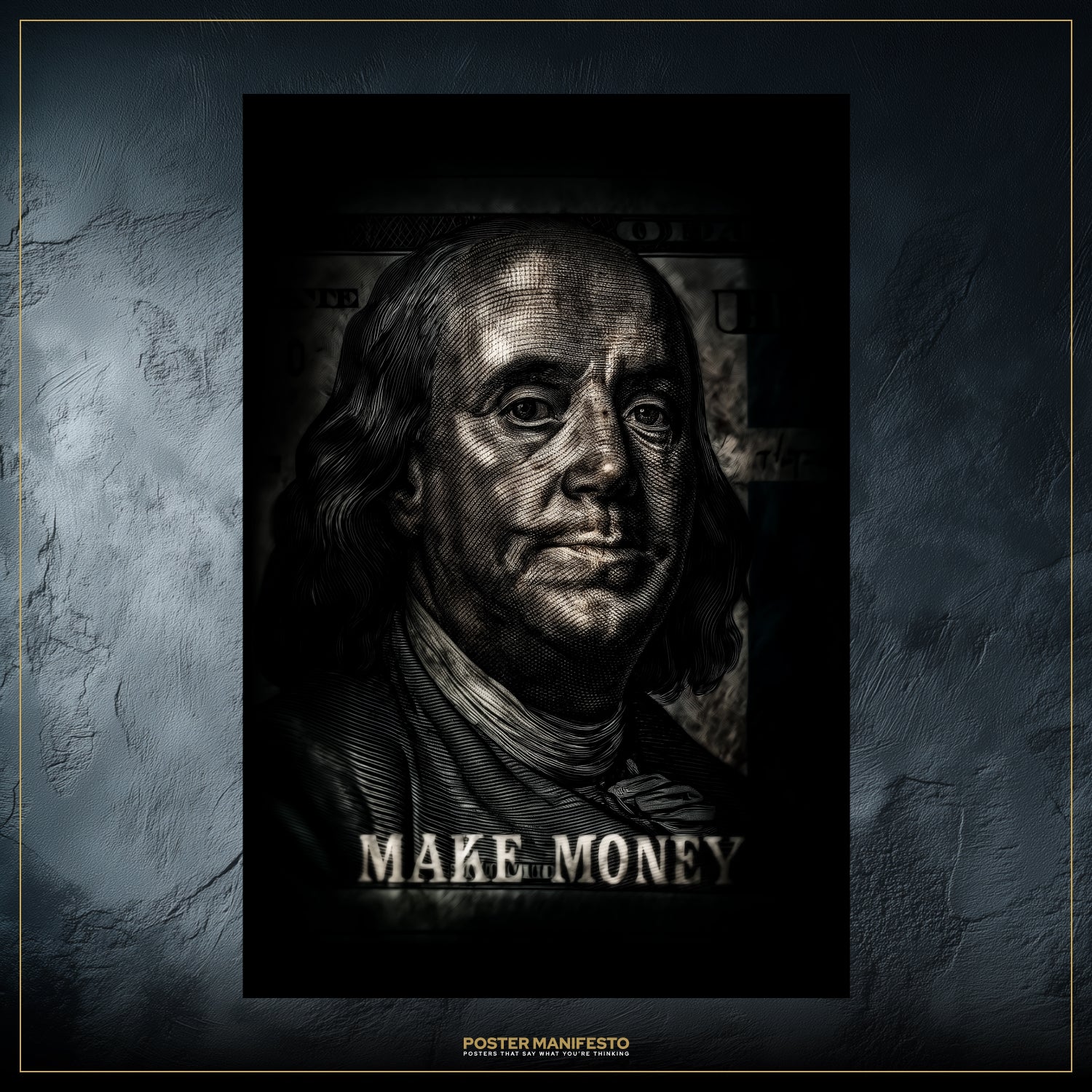 Black and white portrait of a famous person with 'MAKE MONEY' text on a textured dark background.