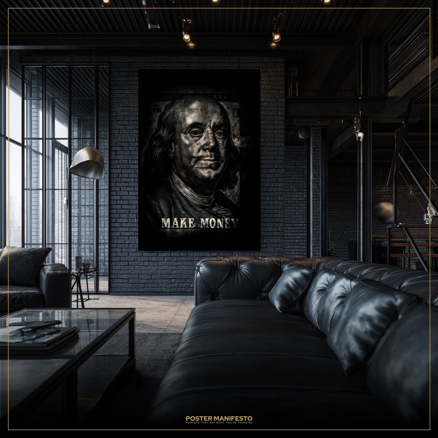 Modern living room with a large framed poster of Benjamin Franklin and the text 'MAKE MONEY' on a brick wall.
