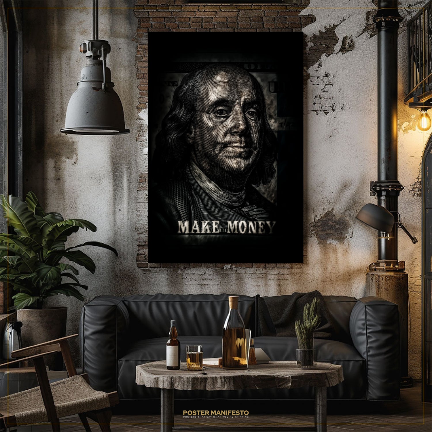 Living room with a portrait of Benjamin Franklin on the wall, featuring the text 'MAKE MONEY'.