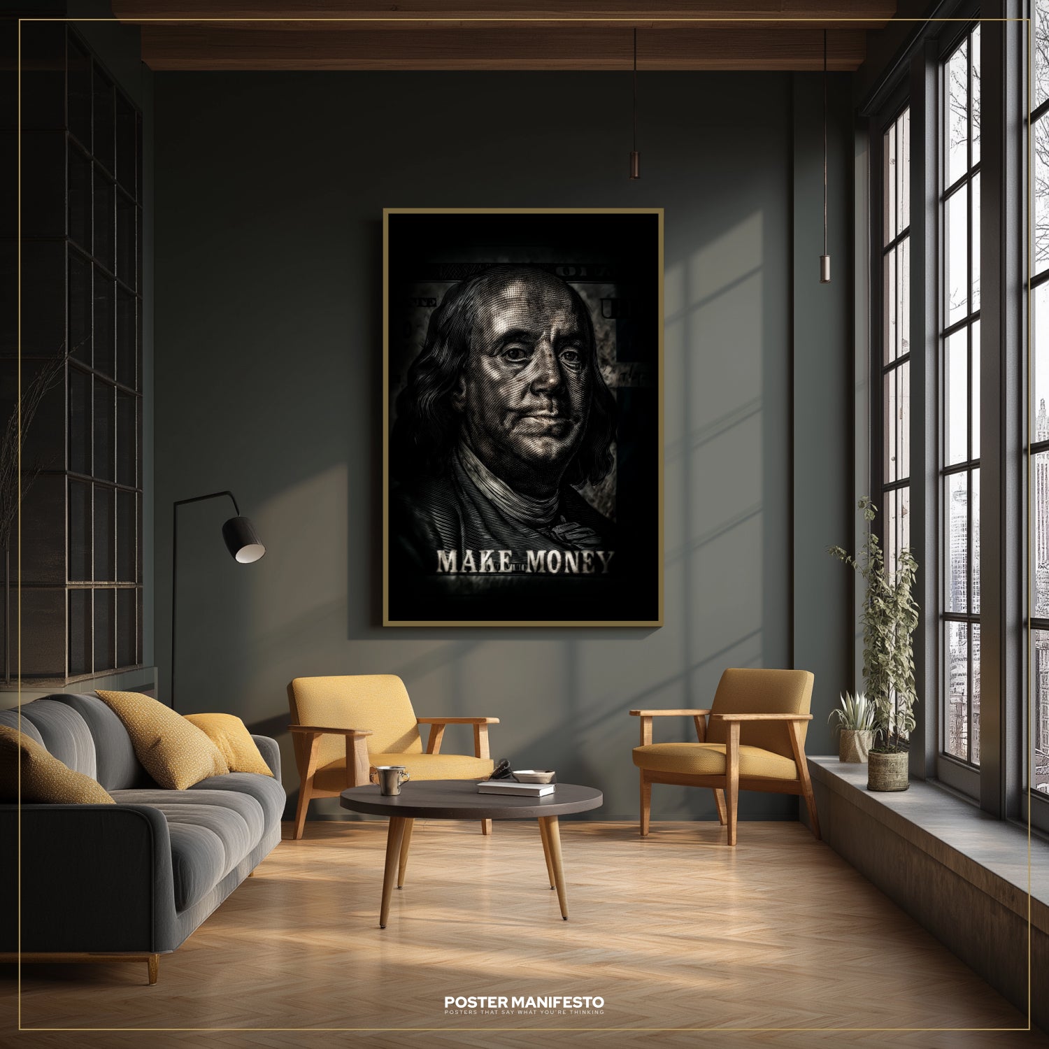 Modern living room with a framed poster of Benjamin Franklin's portrait and the text 'MAKE MONEY'.
