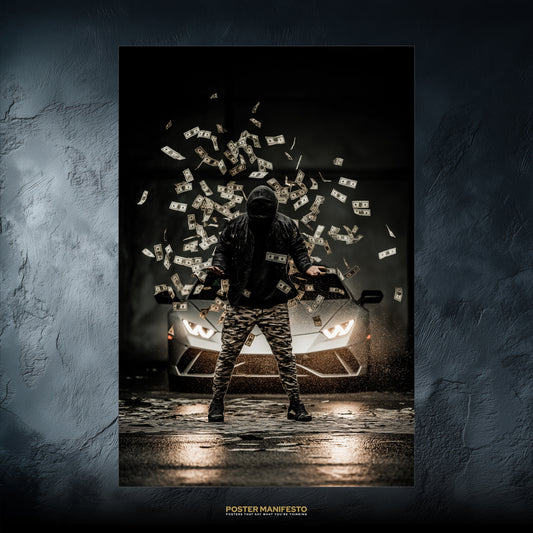 Poster artwork of a hooded figure standing in front of a luxury car with money bills flying dramatically in the air.