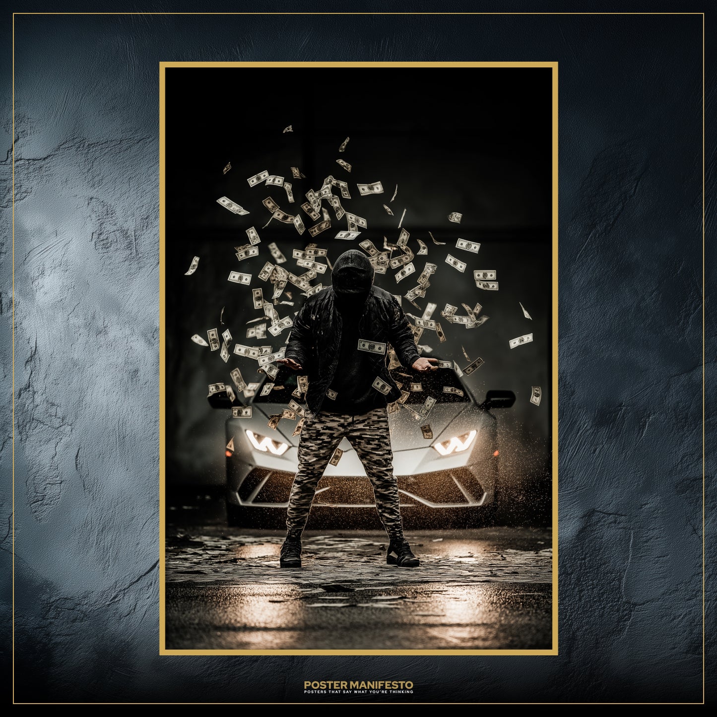 Hustle culture wall art featuring a shadowy figure with money flying against a moody urban backdrop.