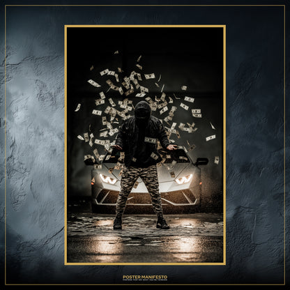 Hustle culture wall art featuring a shadowy figure with money flying against a moody urban backdrop.