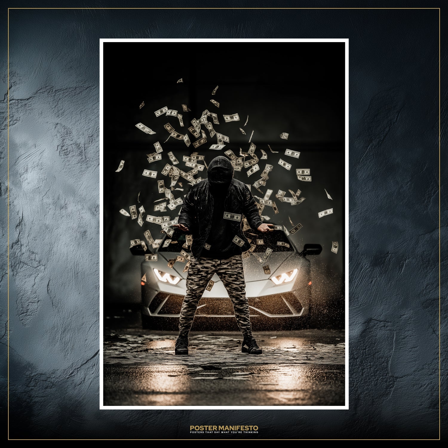 Artistic poster of wealth explosion with floating bills, luxury car headlights, and street reflections.