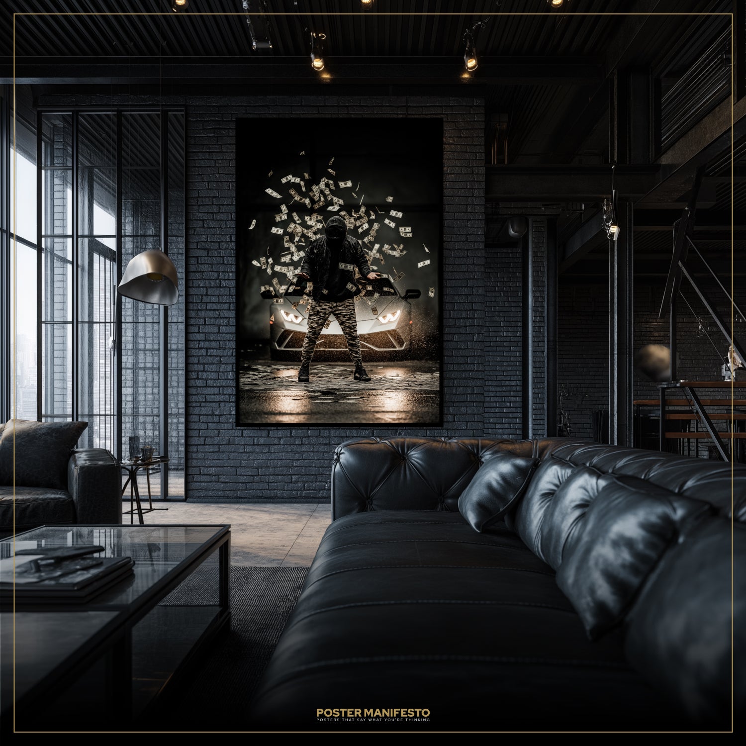 Modern living room with a large black leather sofa and a wall art piece featuring a person with a backpack and lights.