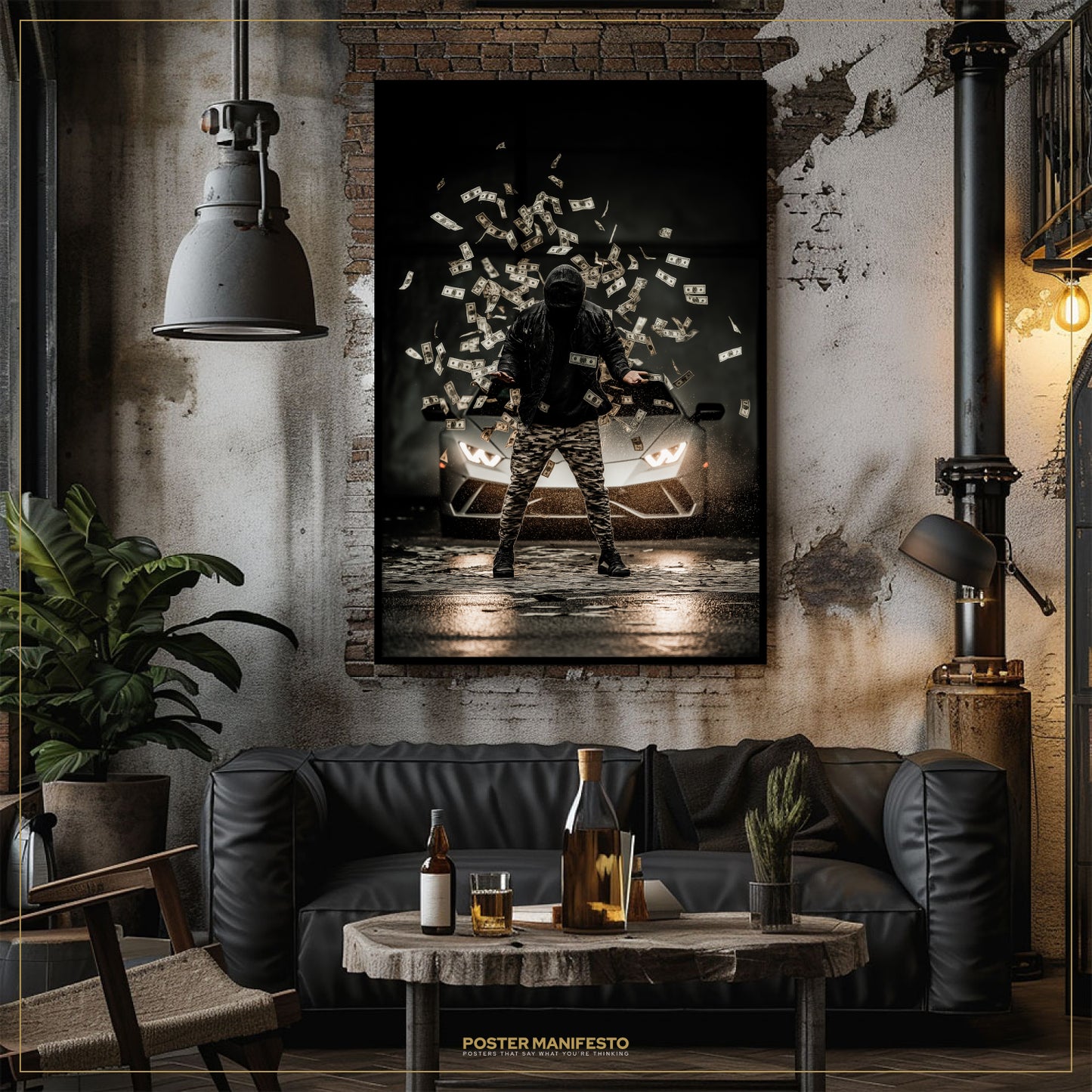 Living room with a dark couch, wooden coffee table, and a large framed poster on the wall.