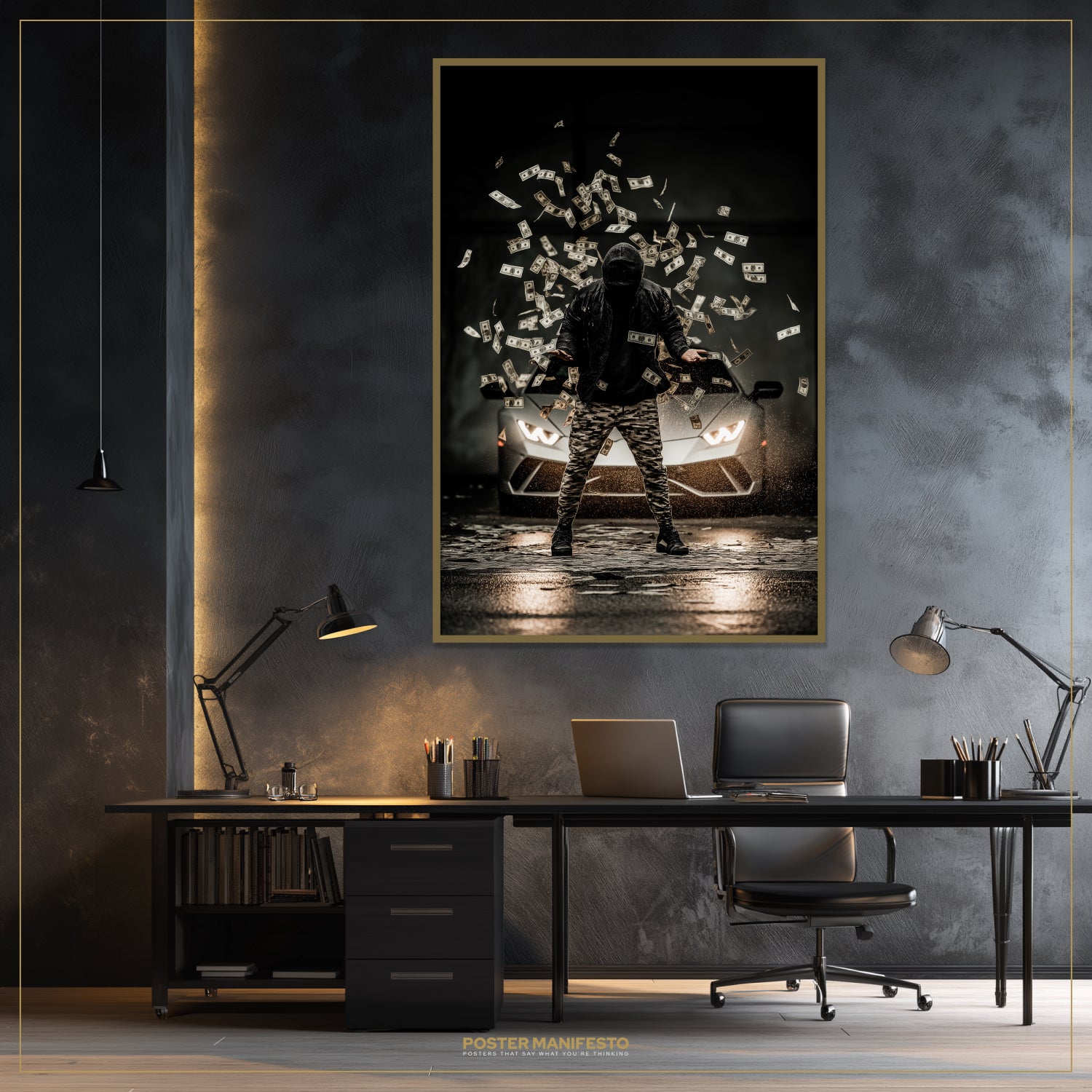 Modern office setup with a large framed poster of a person with a car and money on a dark wall.