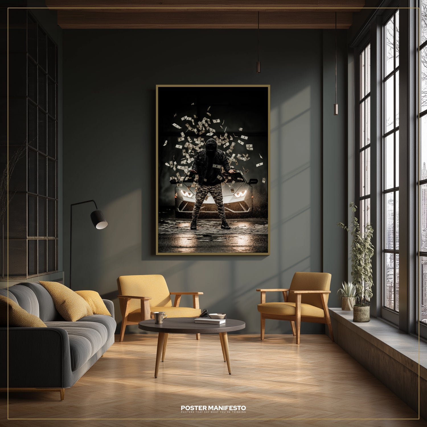 Modern living room with a dark wall, gray sofa, yellow chairs, and a large window.
