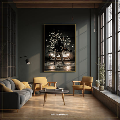 Modern living room with a dark wall, gray sofa, yellow chairs, and a large window.