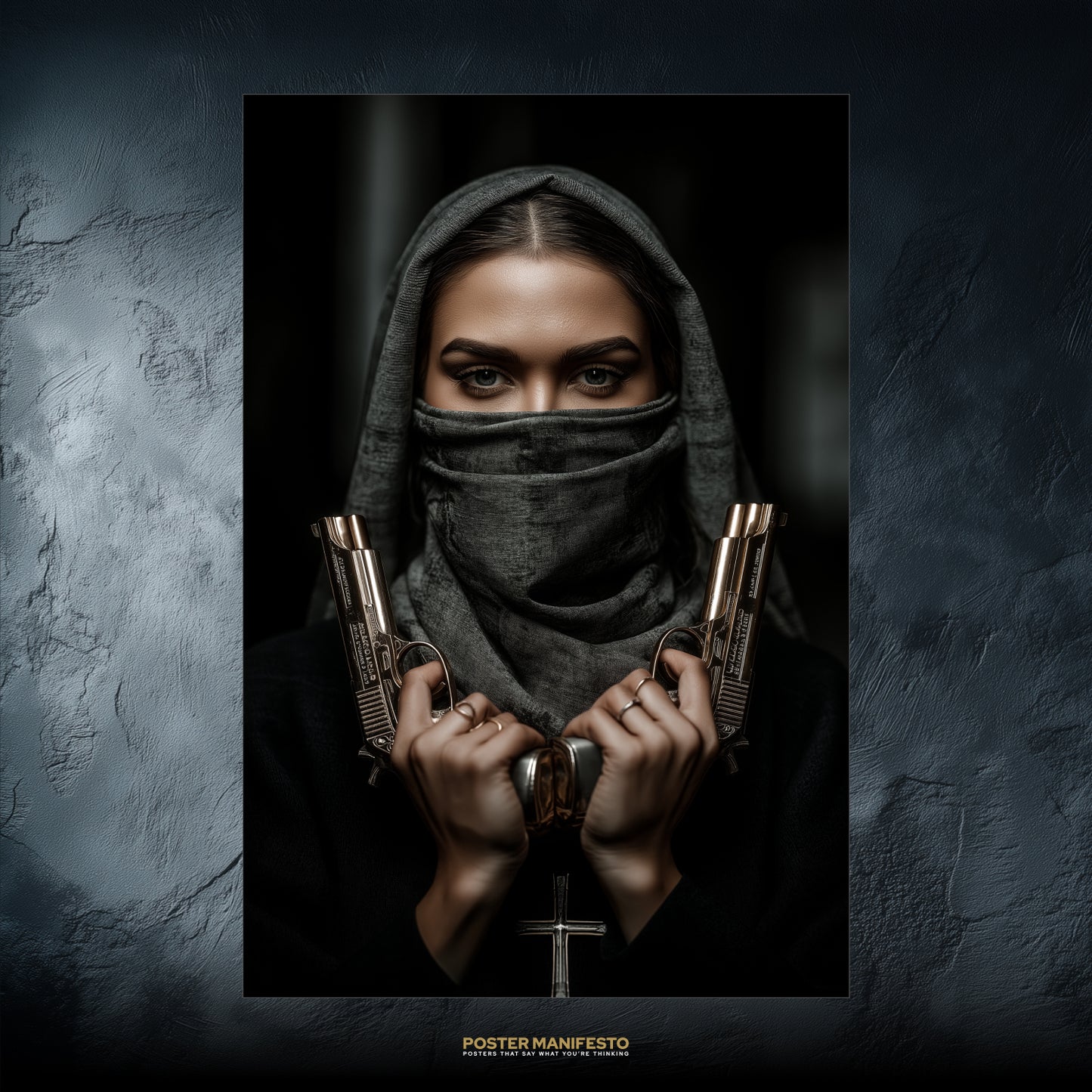 Poster of a veiled woman styled as a nun holding twin golden pistols with piercing eyes.