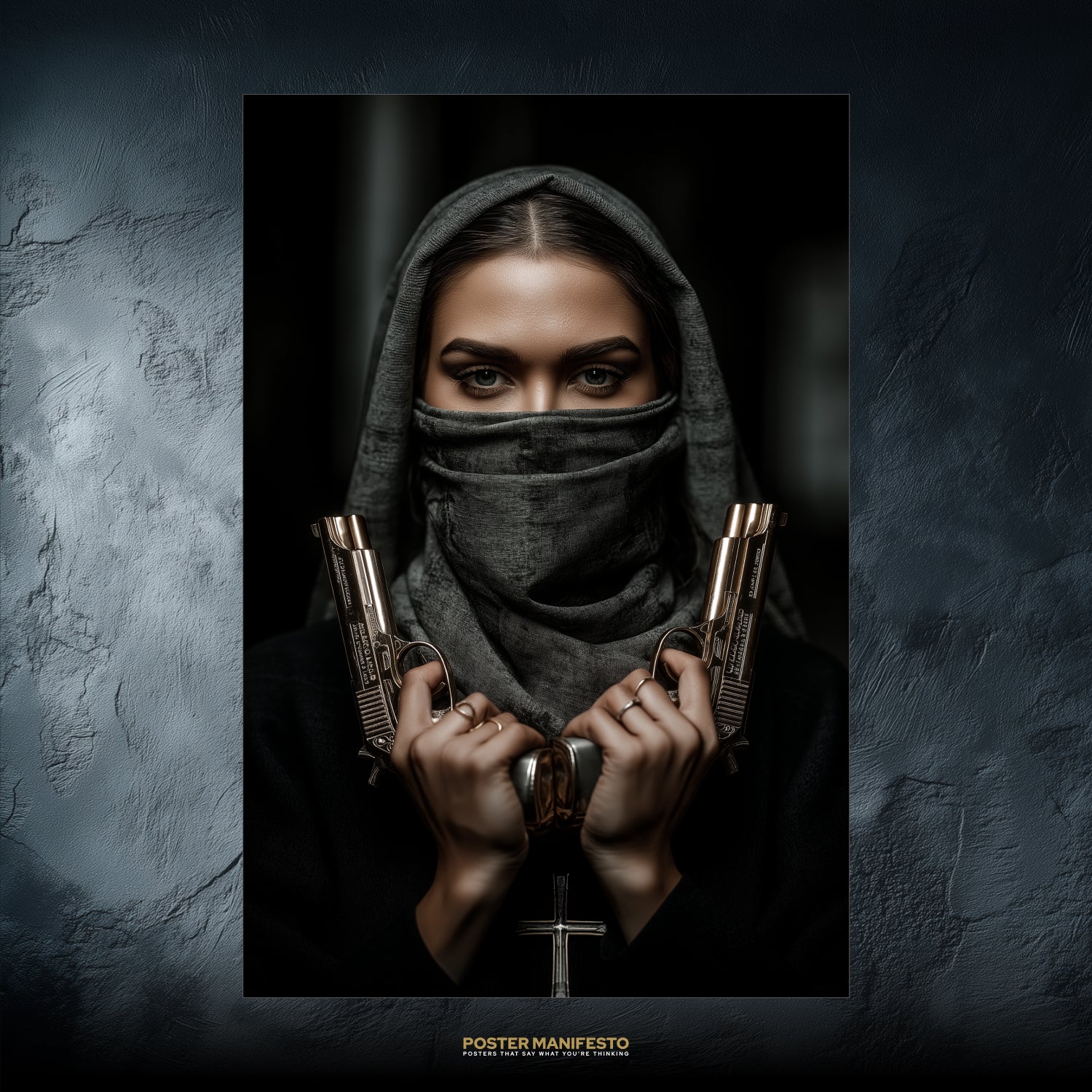 Poster of a veiled woman styled as a nun holding twin golden pistols with piercing eyes.