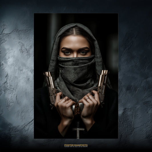 Poster of a veiled woman styled as a nun holding twin golden pistols with piercing eyes.