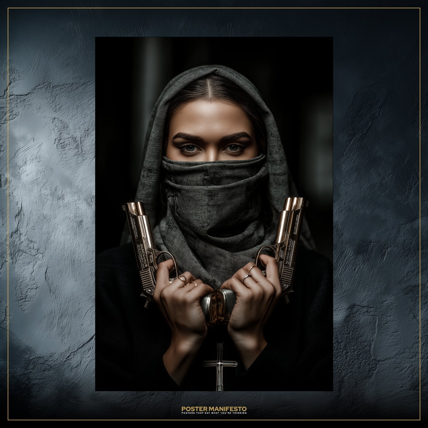 Cinematic dark artwork featuring a mysterious nun figure with gold guns and a cross necklace.