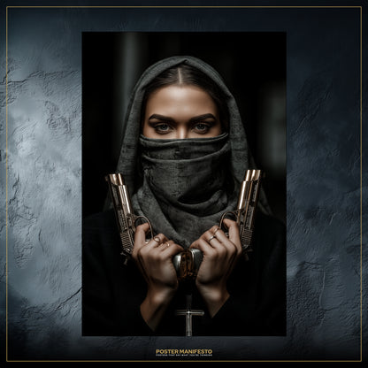 Cinematic dark artwork featuring a mysterious nun figure with gold guns and a cross necklace.