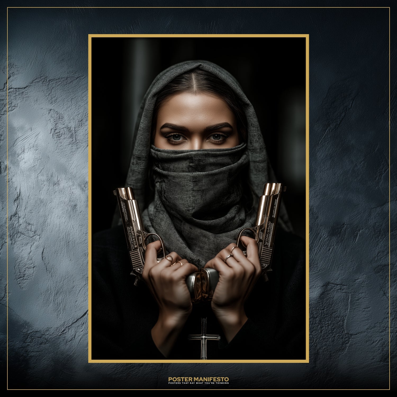 Sacred rebellion wall art with a veiled nun and dramatic lighting in hyper-realistic style.