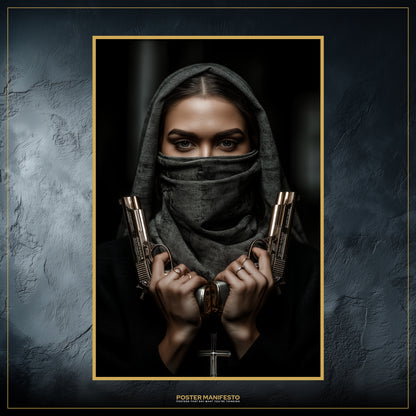 Sacred rebellion wall art with a veiled nun and dramatic lighting in hyper-realistic style.