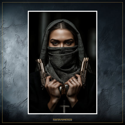 Artistic poster of gothic nun holding golden pistols, symbolizing power and defiance.
