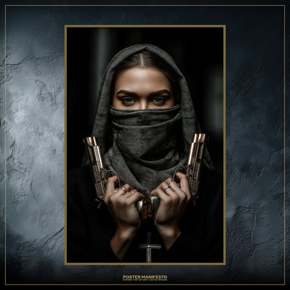 Edgy décor artwork blending religion and rebellion in a bold, cinematic composition.