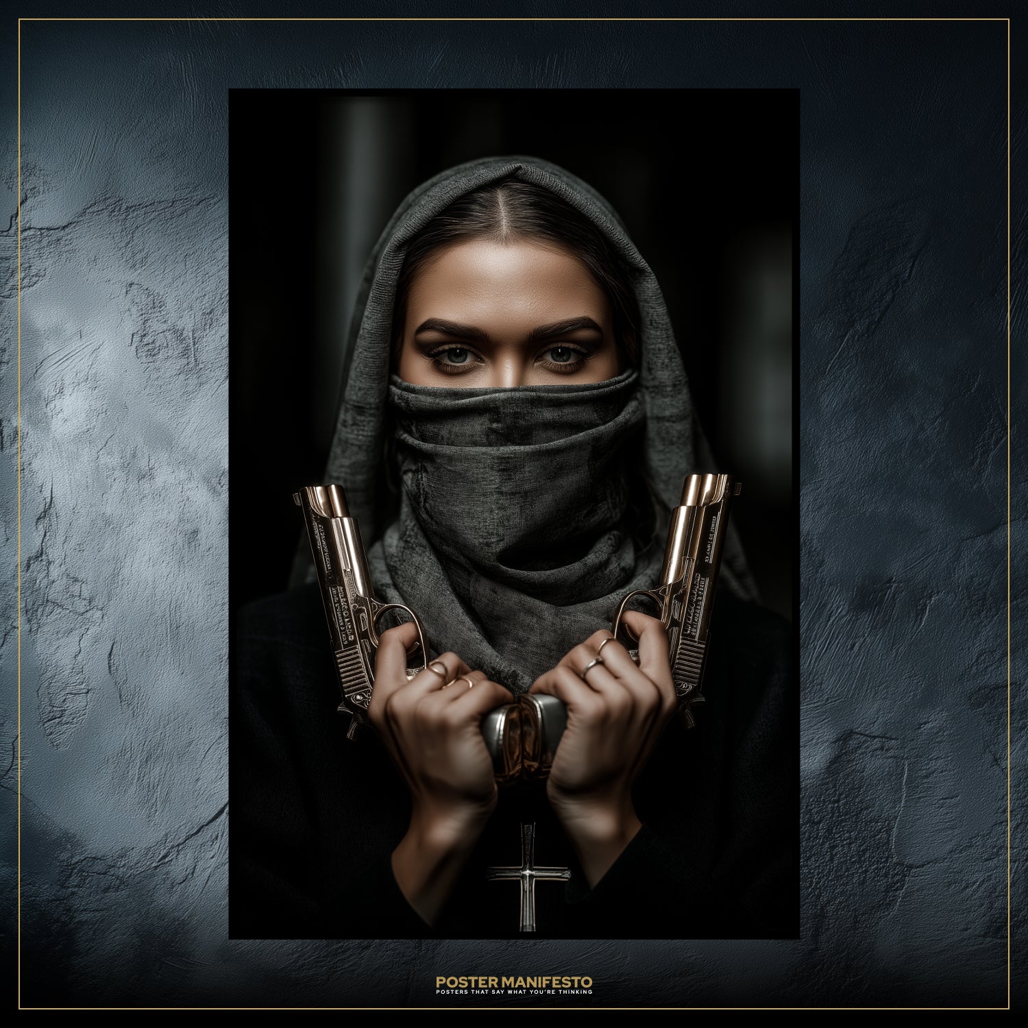 Person wearing a hooded garment holding two guns against a dark background with 'Poster Manifesto' branding.