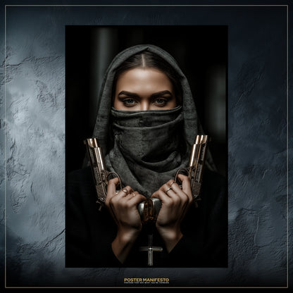 Person wearing a hooded garment holding two guns against a dark background with 'Poster Manifesto' branding.