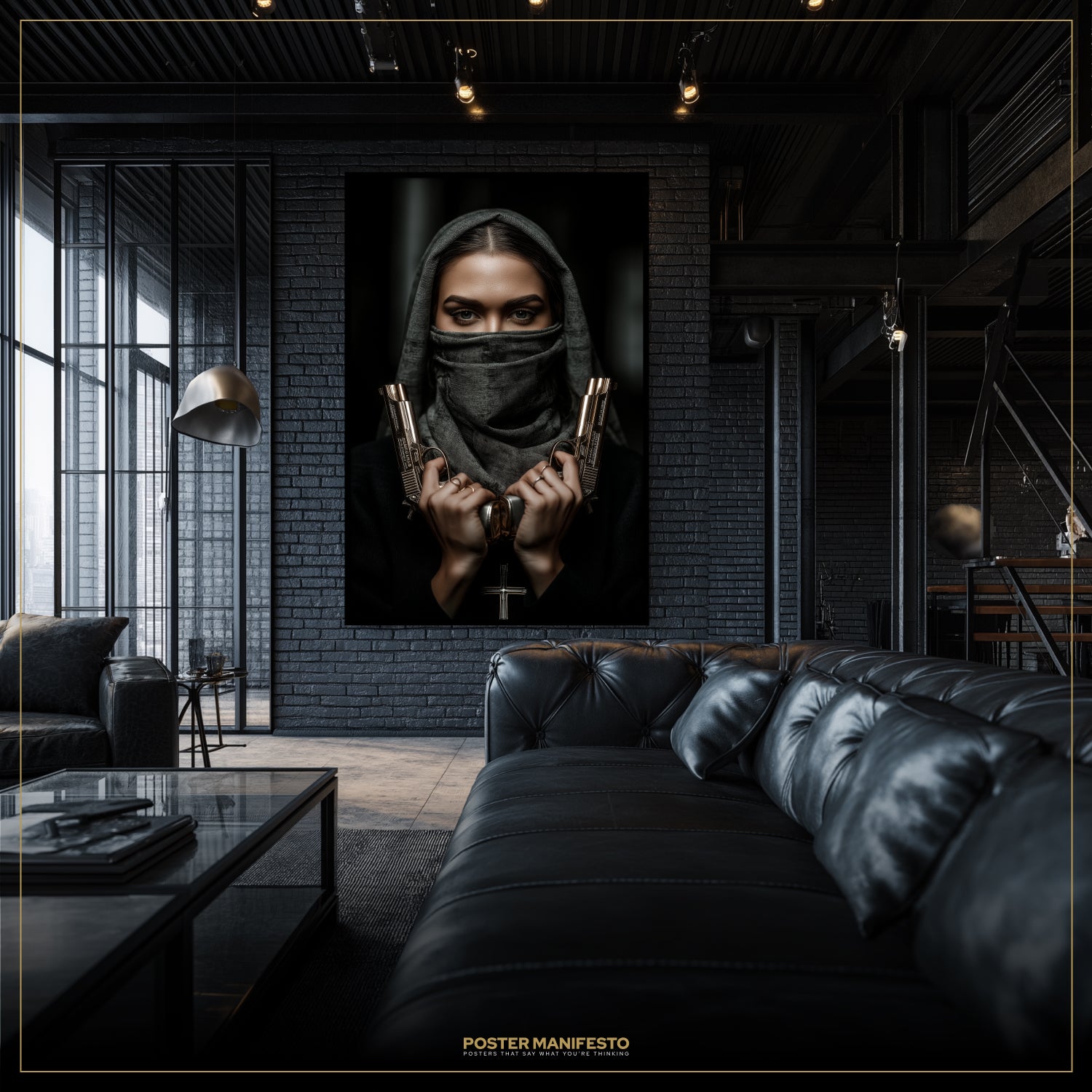Living room with a large framed poster of a woman holding guns on a brick wall.
