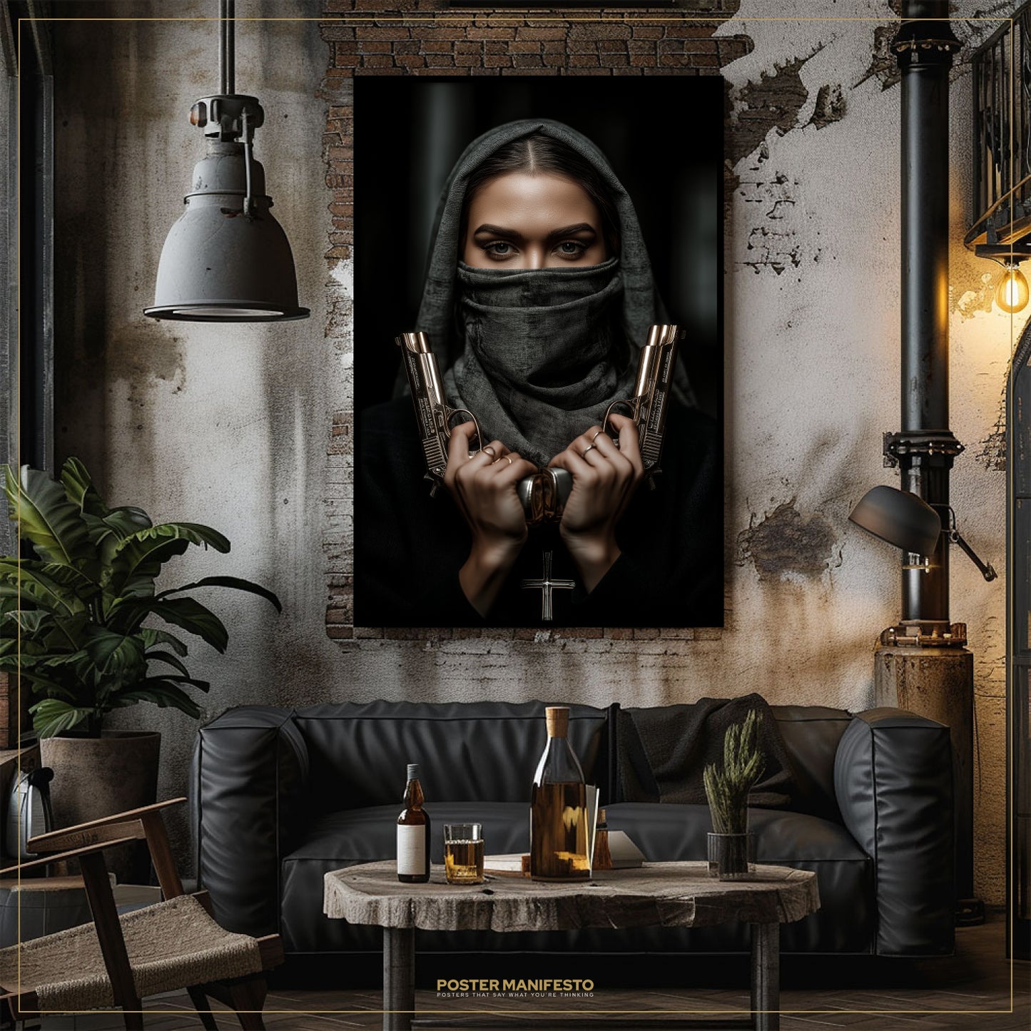 Living room with a dark-themed wall poster of a woman holding guns, a black sofa, and a wooden table.