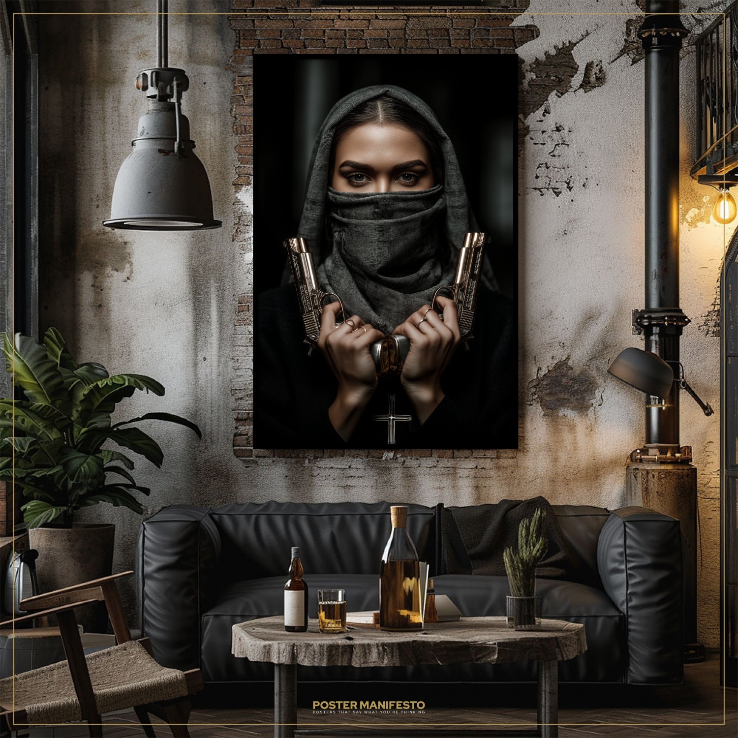 Living room with a dark-themed wall poster of a woman holding guns, a black sofa, and a wooden table.