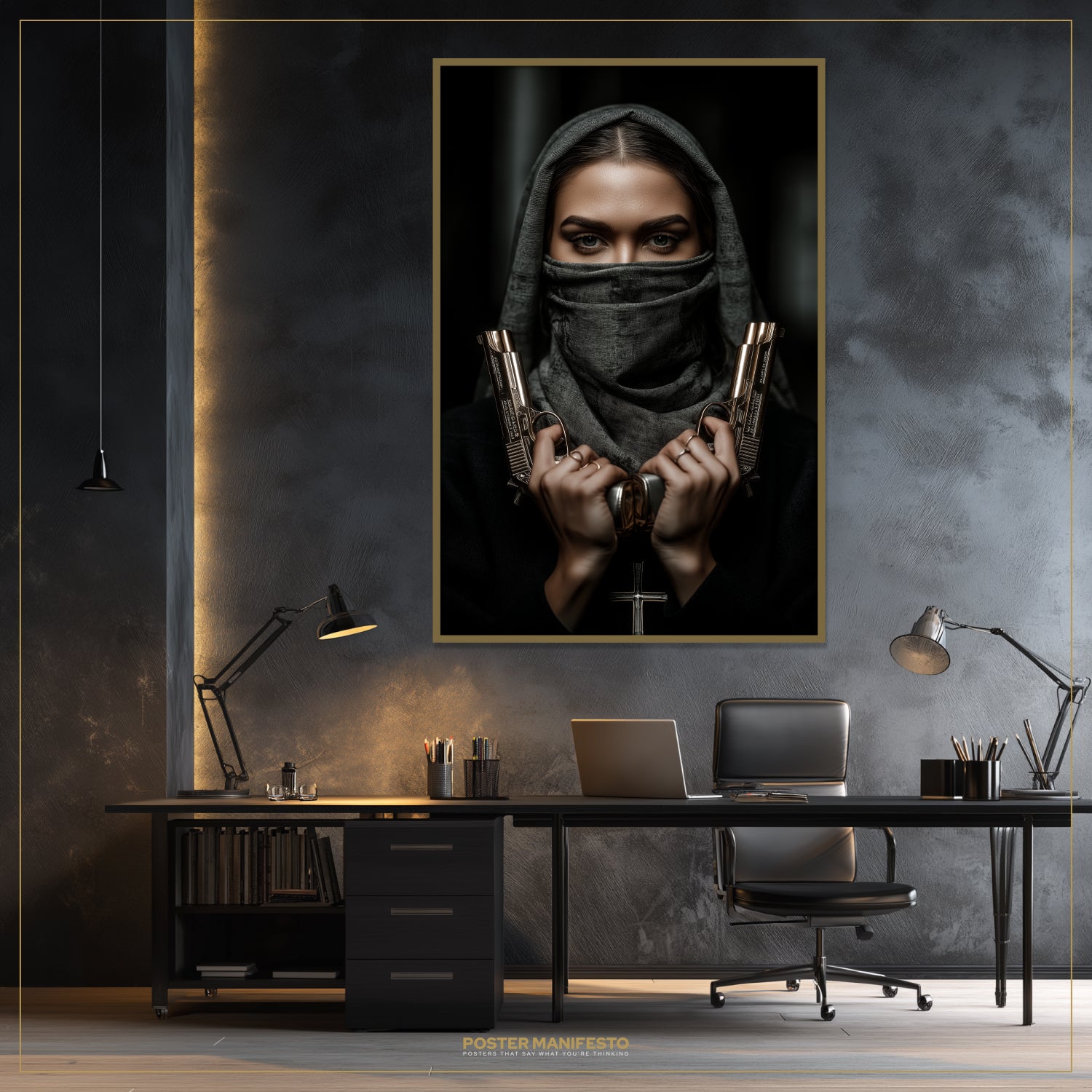 Framed artwork of a person holding guns on a wall above a desk.